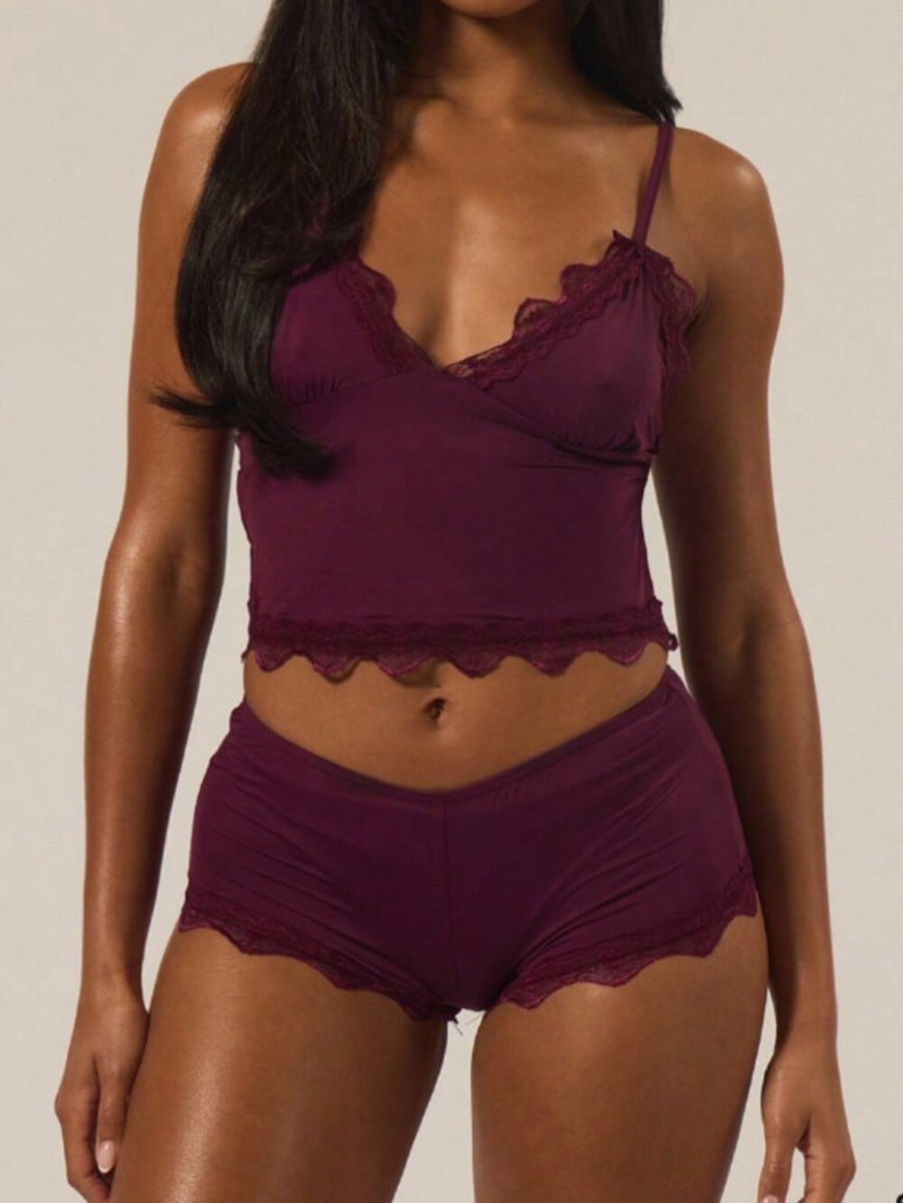 Purple Sexy Women's Lace Trim Adjustable Strap Cami Top And Fitted shorts